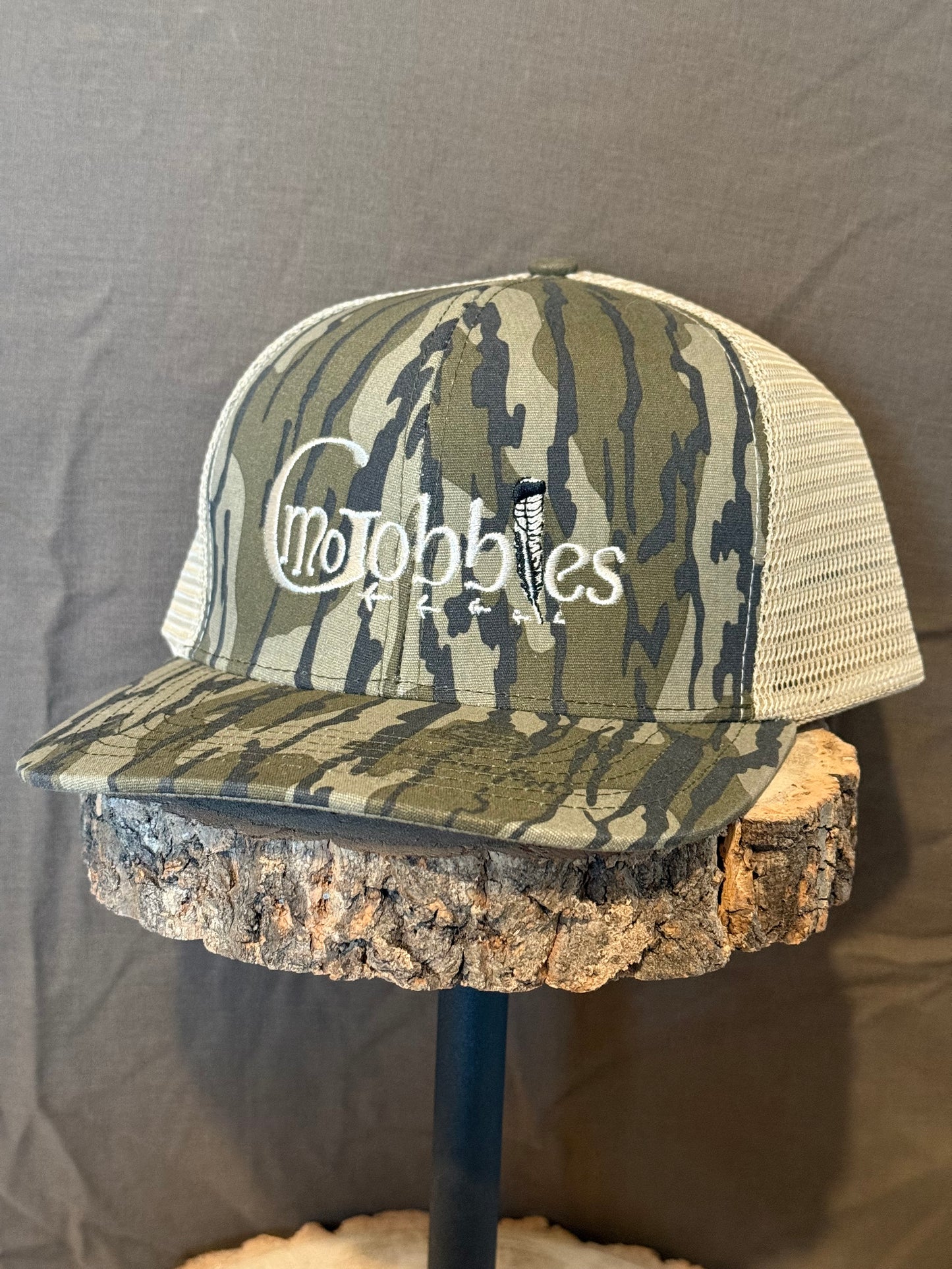 "MoGobbles" Formed Trucker Bottomland/Tan with Ivory Text.