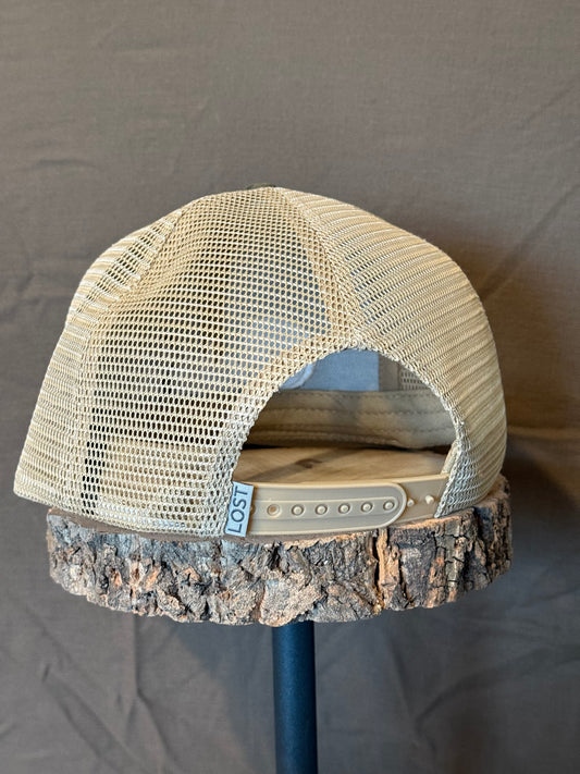 "MoGobbles" Formed Trucker Bottomland/Tan with Ivory Text.