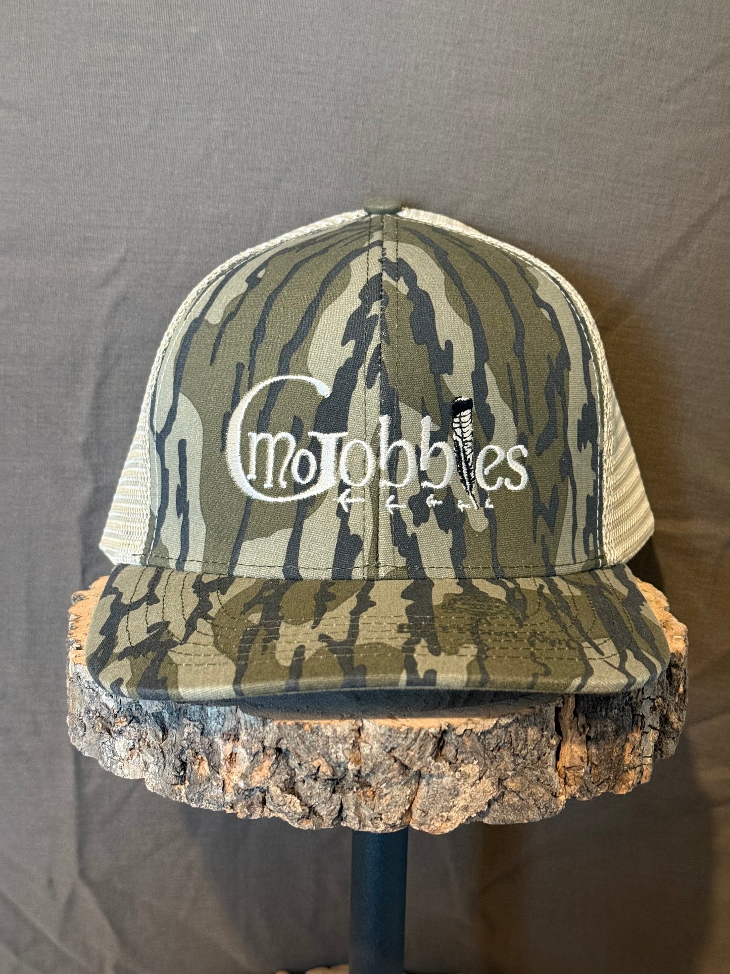 "MoGobbles" Formed Trucker Bottomland/Tan with Ivory Text.