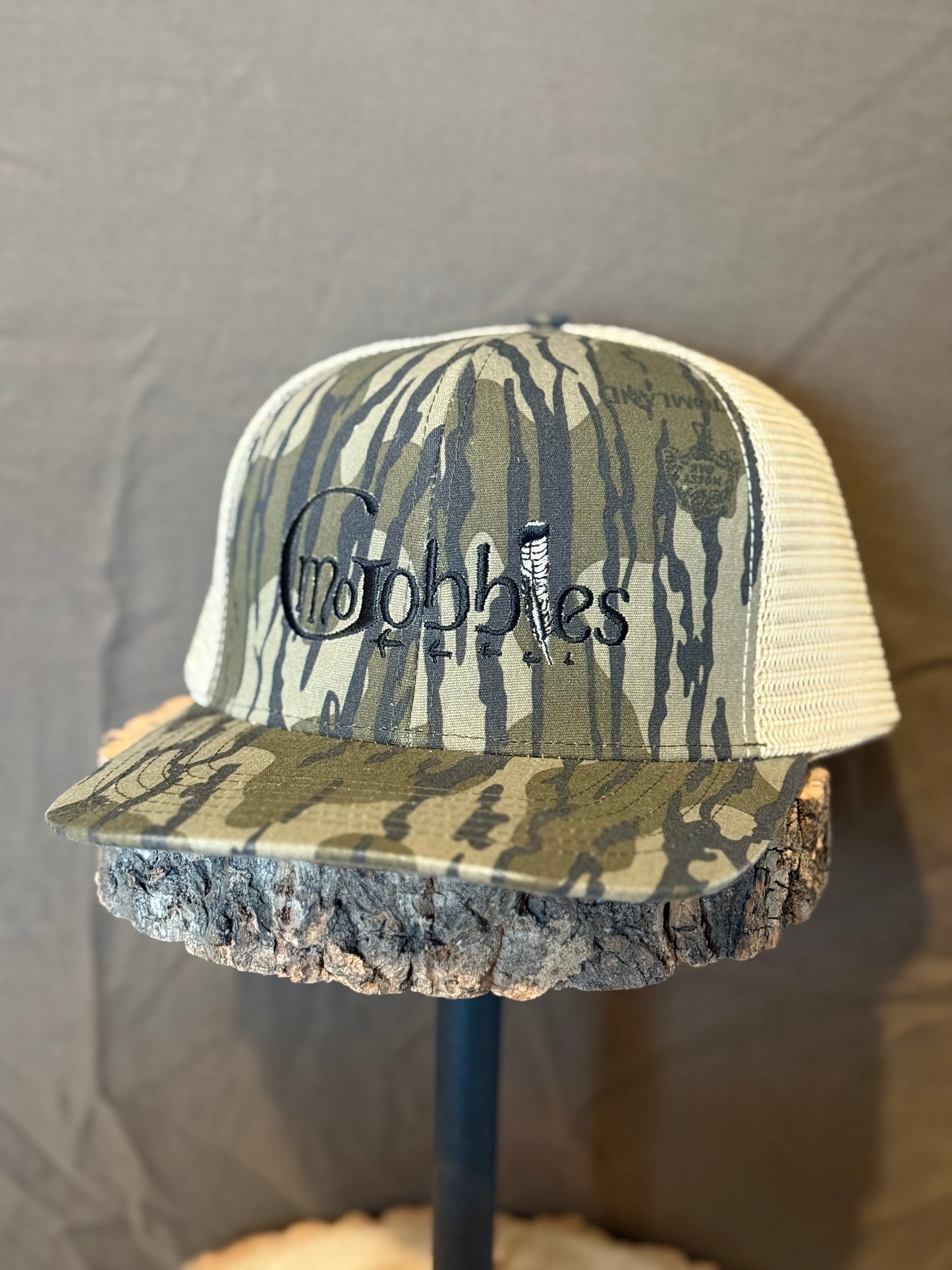 "MoGobbles" Formed Trucker Bottomland/Tan with Black Text.