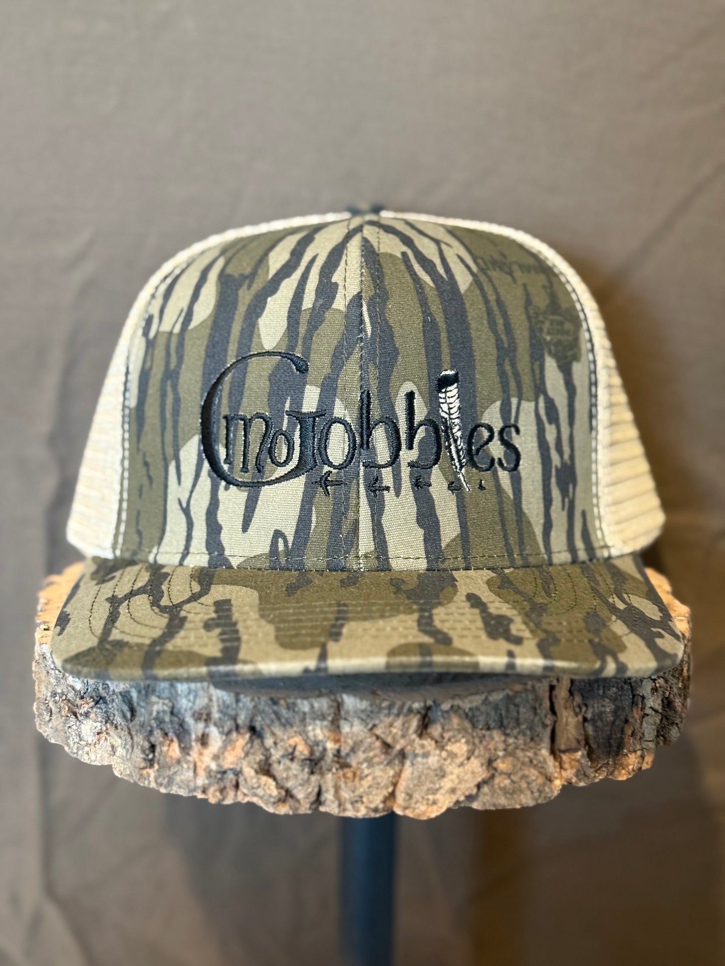"MoGobbles" Formed Trucker Bottomland/Tan with Black Text.
