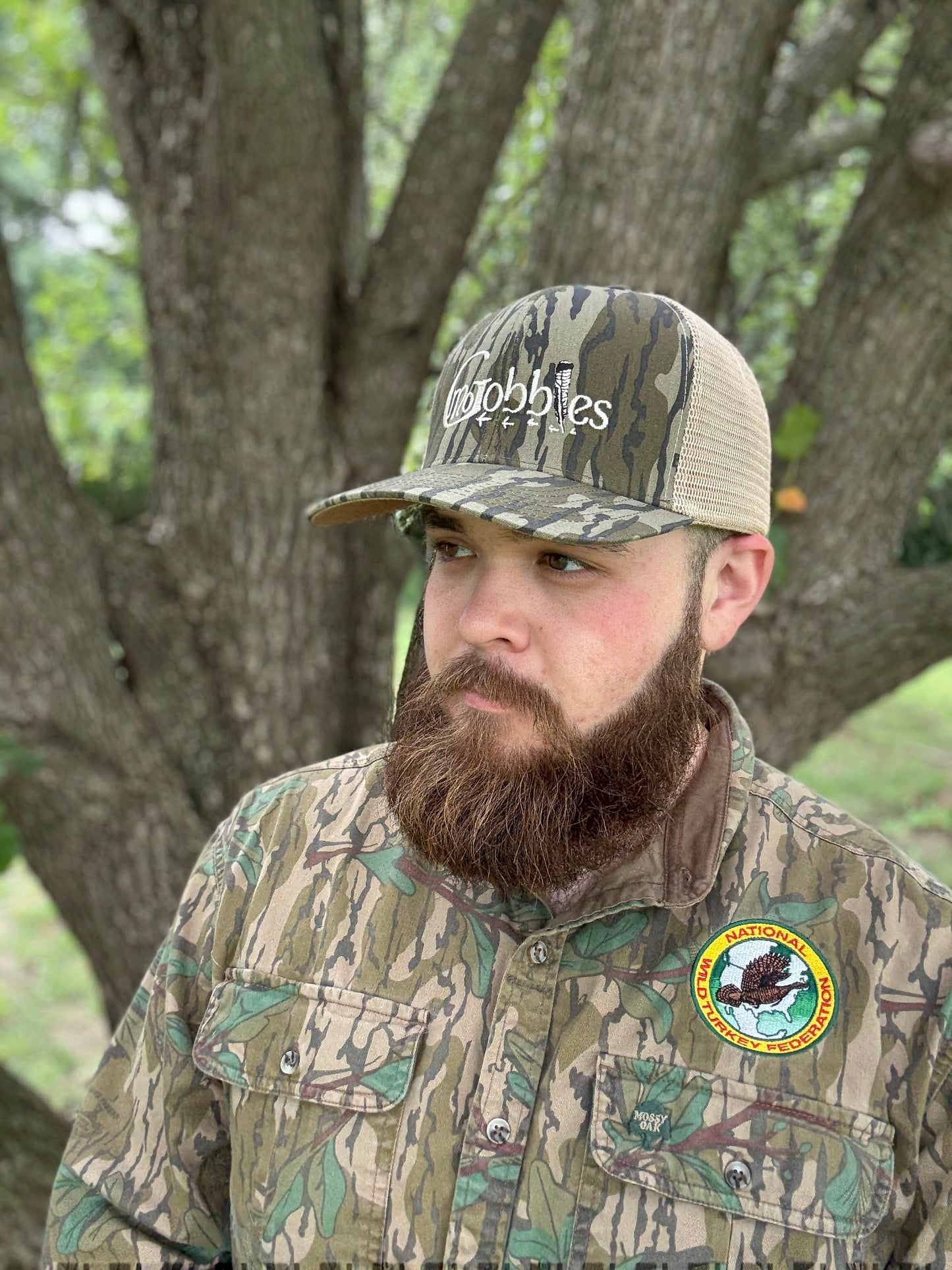 "MoGobbles" Formed Trucker Bottomland/Tan with Ivory Text.