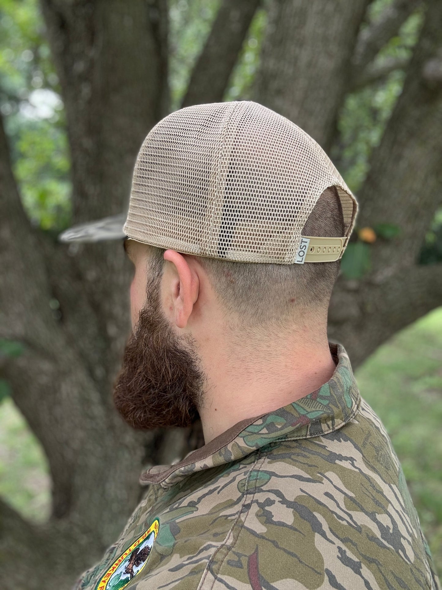 "MoGobbles" Formed Trucker Bottomland/Tan with Ivory Text.