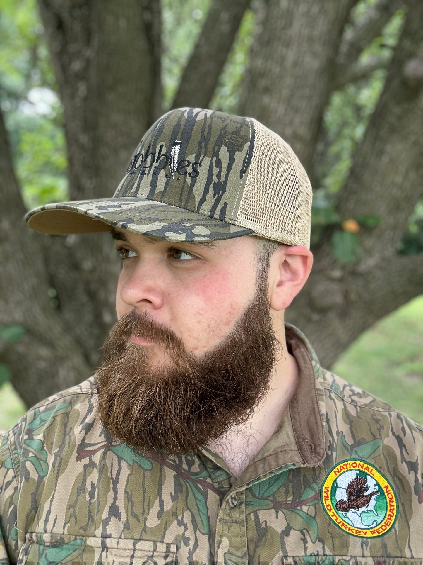 "MoGobbles" Formed Trucker Bottomland/Tan with Black Text.