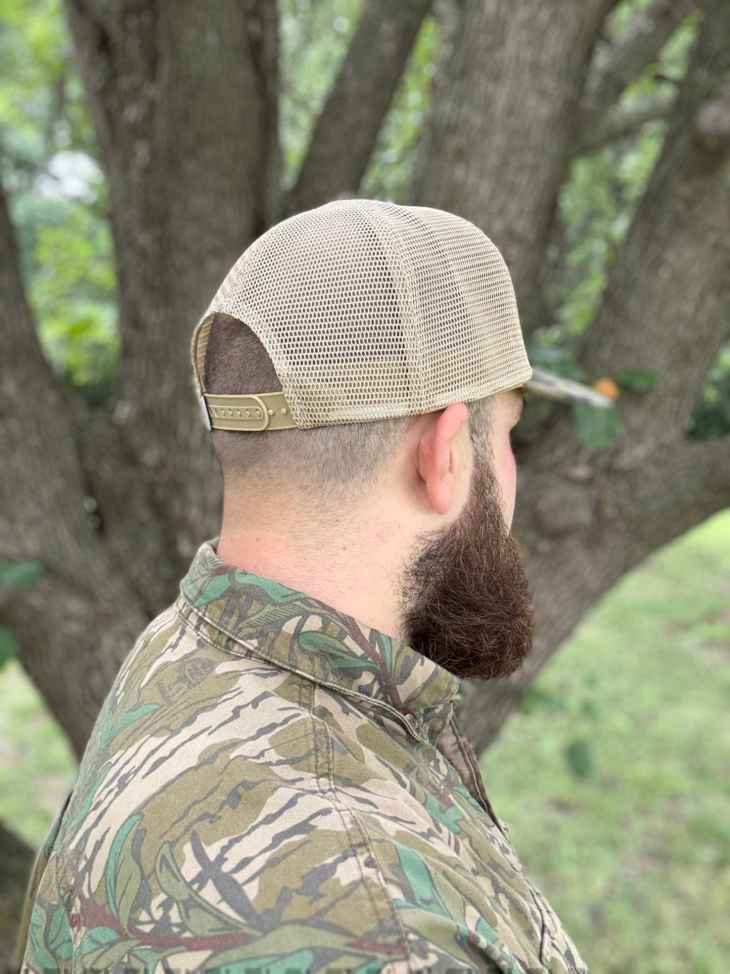 "MoGobbles" Formed Trucker Bottomland/Tan with Black Text.